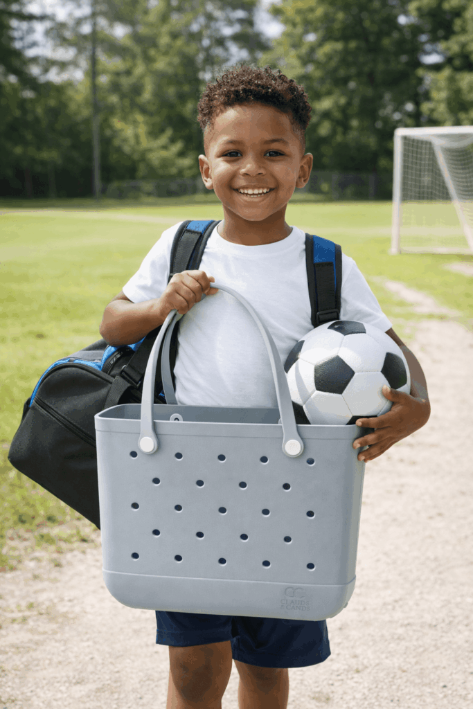 Child holding soccer ball and C&C bag